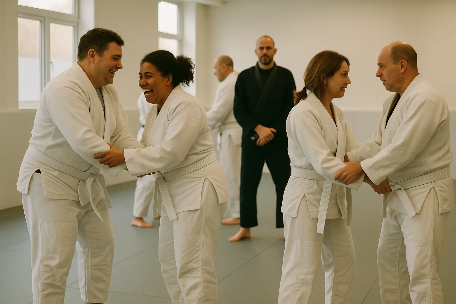 Adult beginners training Brazilian Jiu-Jitsu together on the mats
