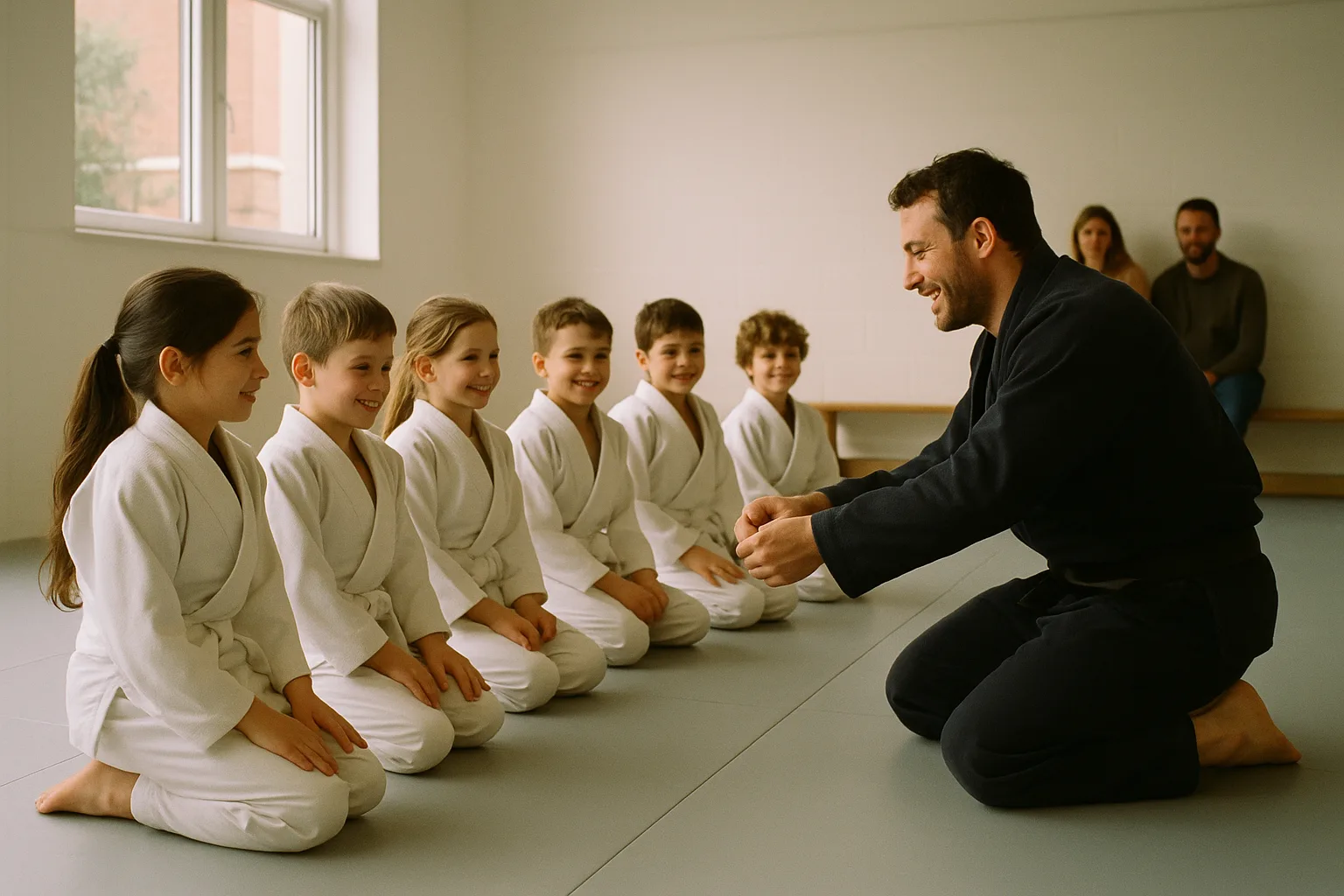 Children training Brazilian Jiu-Jitsu in a supervised class