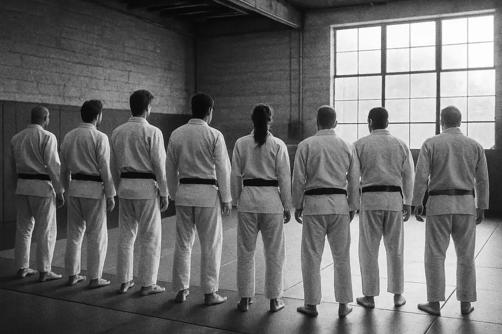 Students lined up on the mats at the start of class